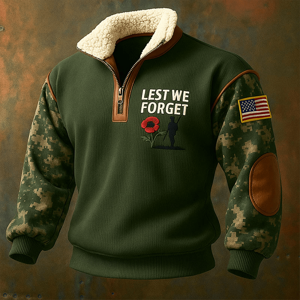 Lest We Forget Camo Stand Up Collar Sweater Memorial Day Clothing Gifts For Patriotic Dad