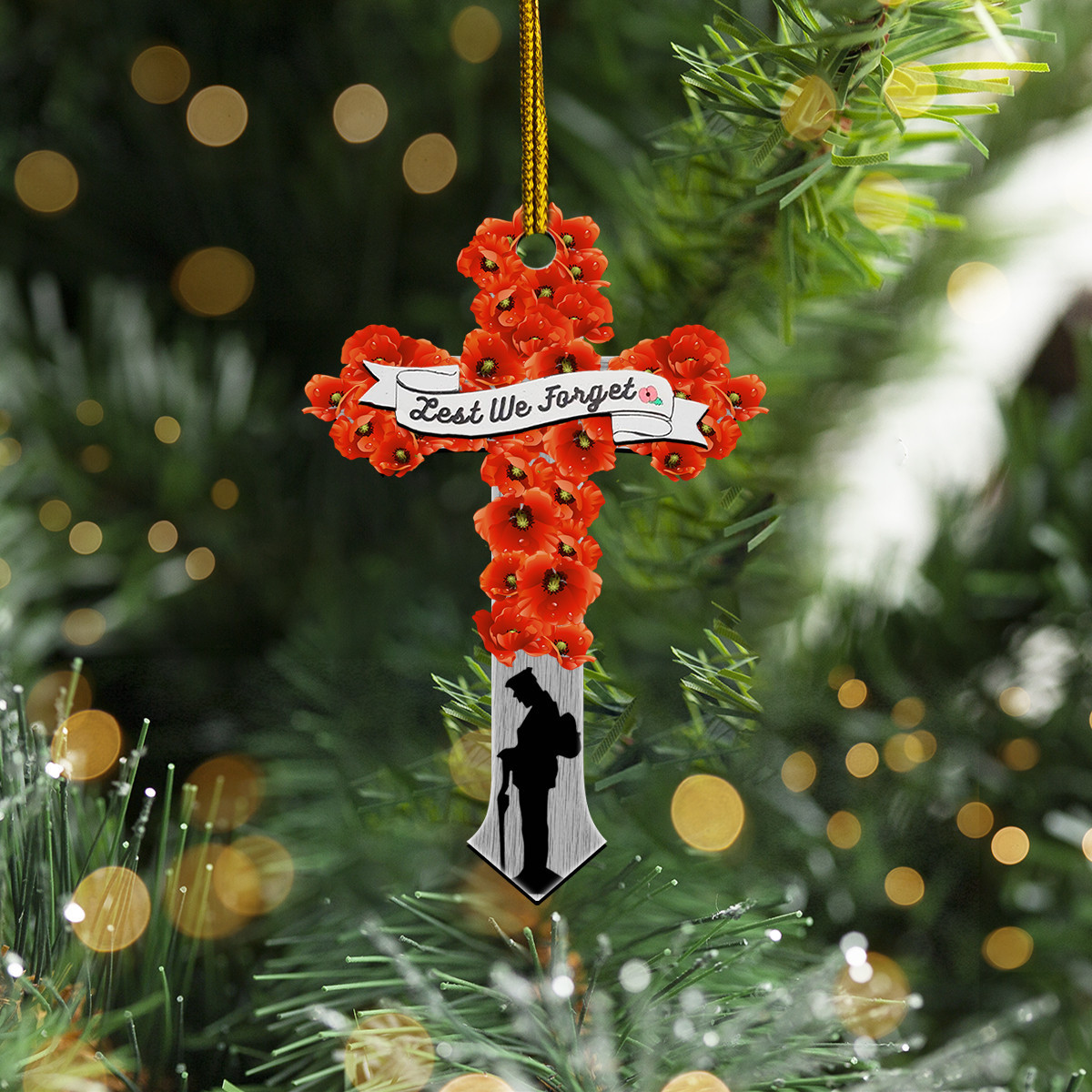 Lest We Forget Poppy Christian Cross Ornament Patriotic Veteran Memorial Christmas Ornament