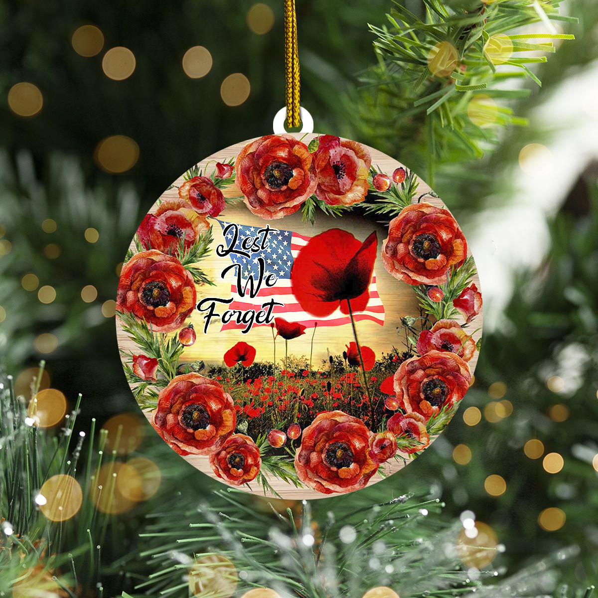 Lest We Forget Poppy USA Flag Wood Ornament Memorial Patriotic Christmas Ornament Gift For Veteran
