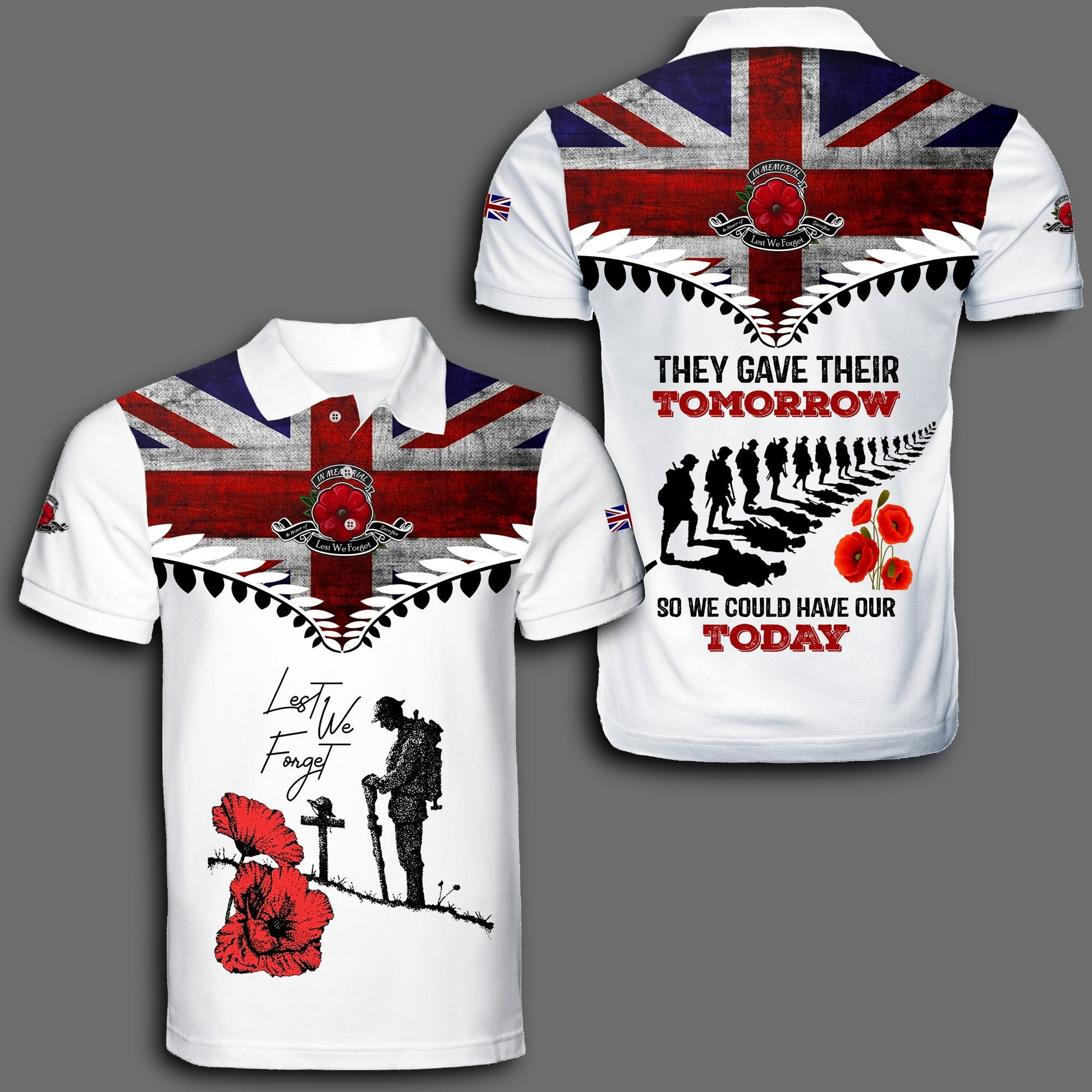 Lest We Forget UK Flag Veteran Polo Shirt British Veteran Remember Clothing