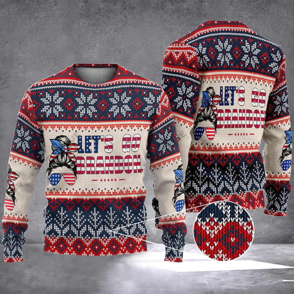 Letâ‚¬â„¢s Go Brandon Ugly Christmas Sweater Messy Bun Girl FJB Clothing