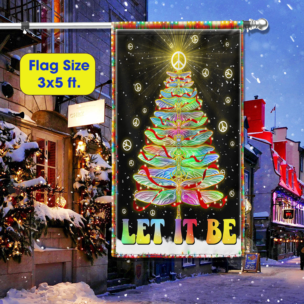 Let It Be Hippie Christmas Flag Peace Sign Dragonfly Christmas Tree Flag
