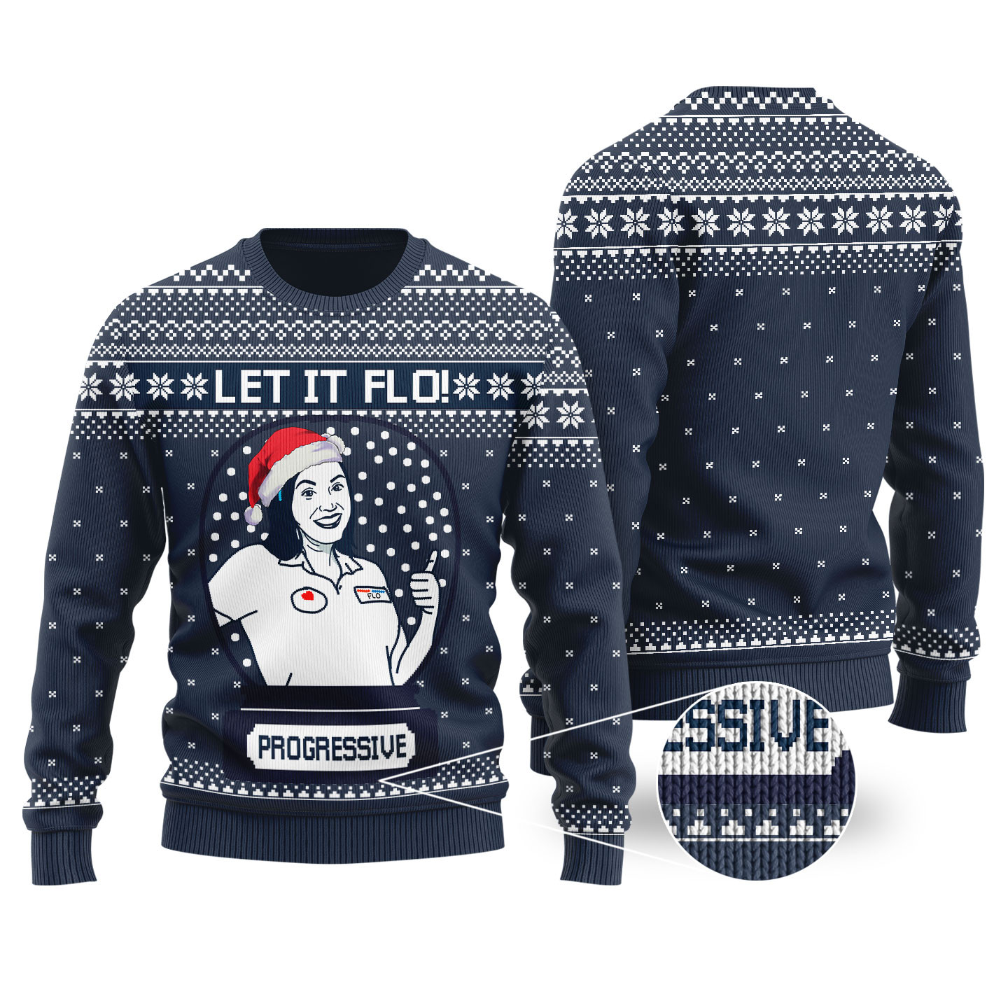 Let It Flo From Progressive Ugly Christmas Sweater Navy Perfect Holiday Gift Merch for Sweater Lovers