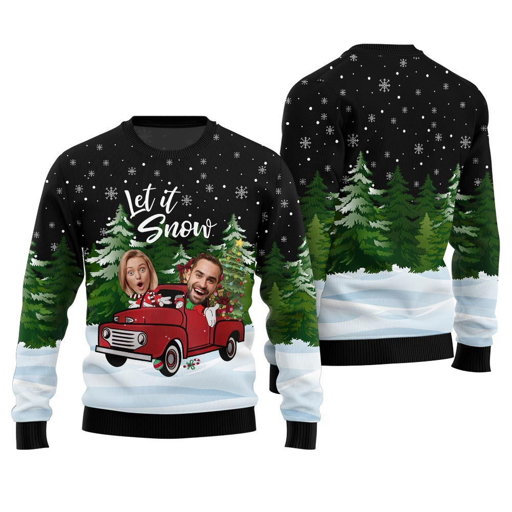 Let It Snow Custom Face Ugly Sweater For Couple Xmas Sweaters For Family