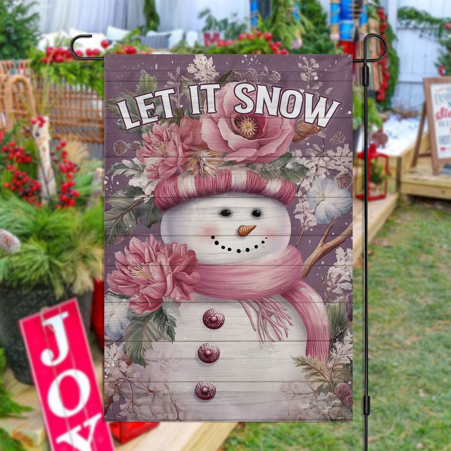 Let It Snow Snowman With Flowers Hat Christmas Flag Christmas Decor Gift For Snowman Lovers