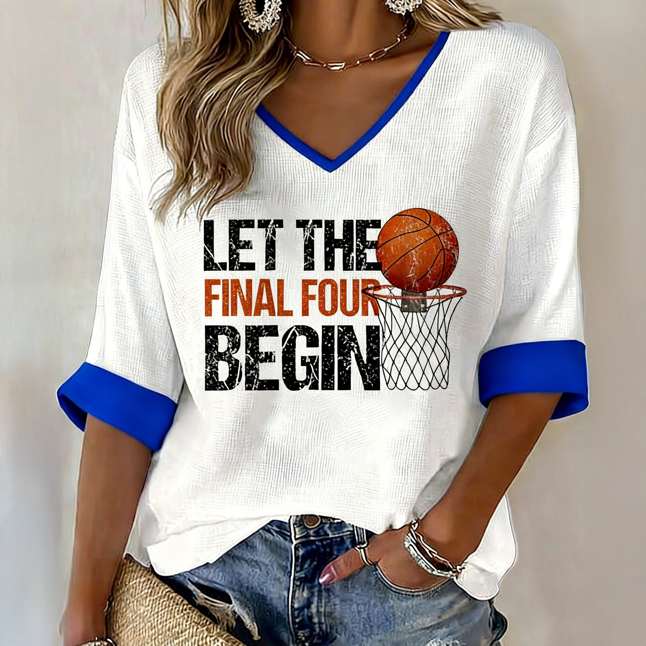 Let The FInal Four begin Basketball V-Neck Long Sleeve Shirt Game Day Clothing Basketball Lover Gift