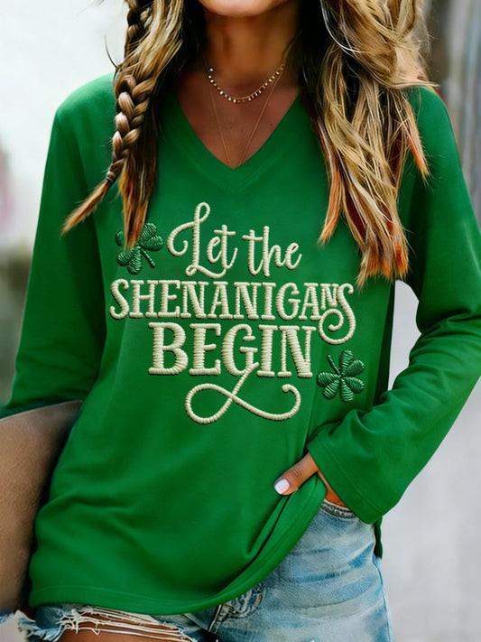 Let The Shenanigans Begin Long Sleeve Shirt St Patricks Day Irish Shamrock Green Women Outfit