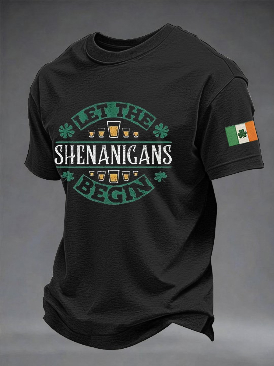 Let The Shenanigans Begin St Patricks Day Graphic T-Shirt Funny Irish Shamrock Drinking Tee Gift For Him