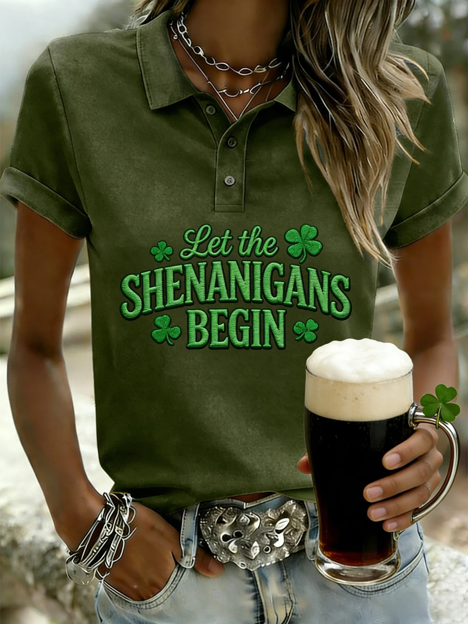 Let The Shenanigans Begin Women Polo St Patrick's Day Army Green Shamrock Funny Party Outfit