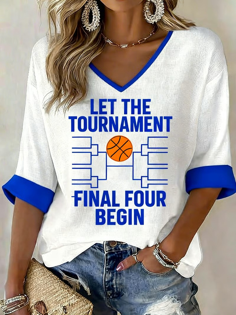 Let The Tournament Final Four Begin March Madness Bracket Long Sleeve V-Neck Shirt Basketball Fan Gear Gifts