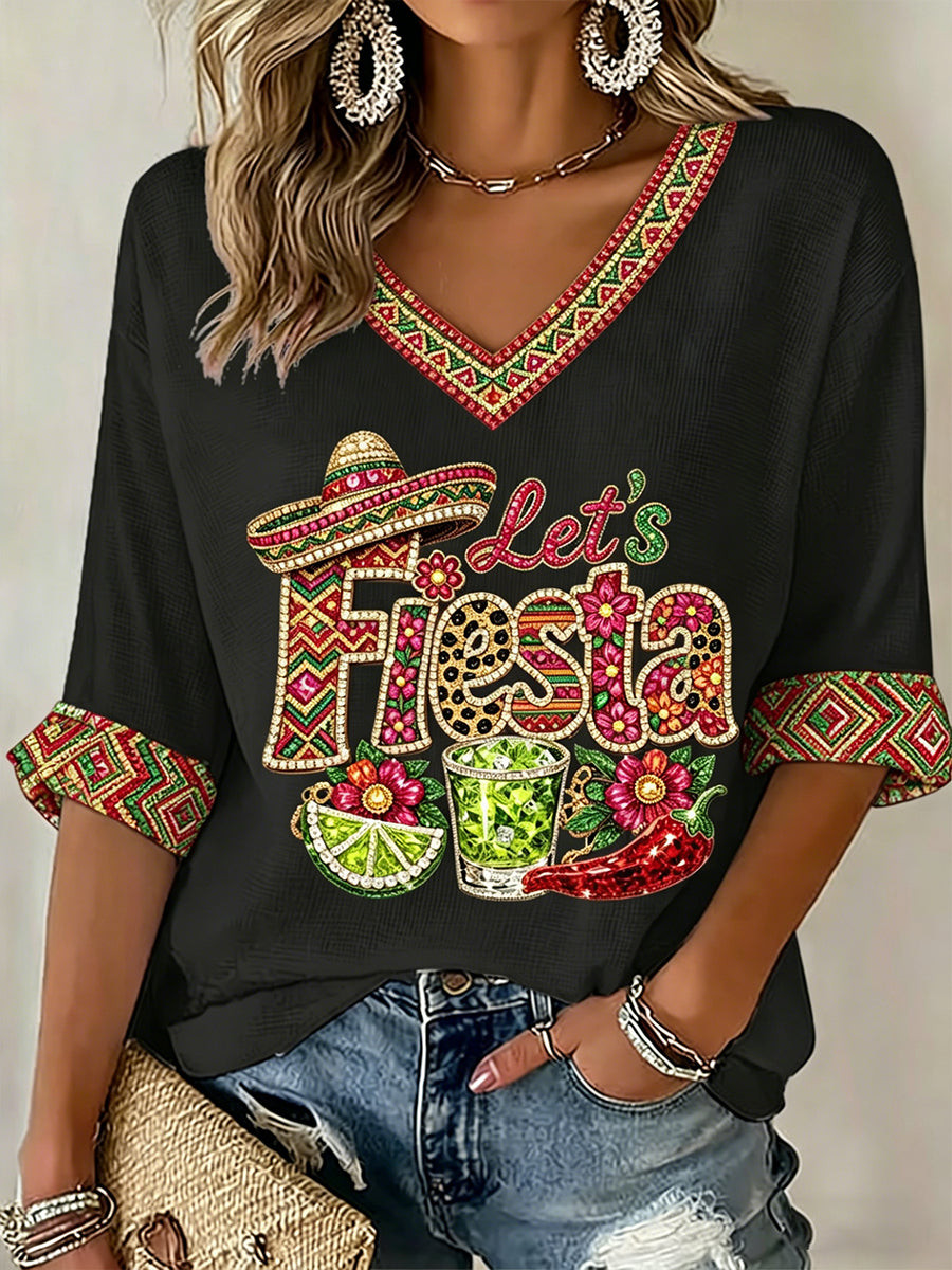 Let's Fiesta V-Neck Raglan Shirt Cinco De Drinko Apparel Holiday Gifts