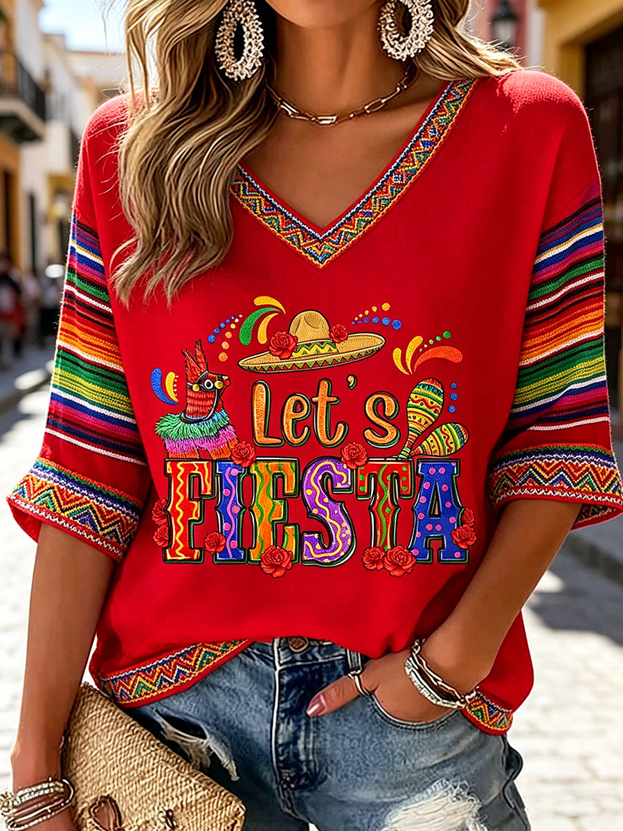 Let's Fiesta V-Neck Raglan Shirt Cinco De Mayo Festival Outfits Gift For Mom