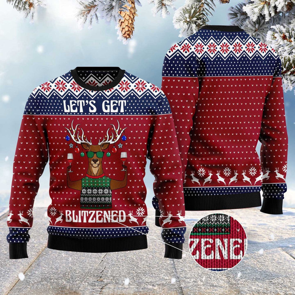 Let'S Get Blitzened Slouchy Ugly Christmas Sweater Funny Ugly Christmas Sweater Gifts For Couples
