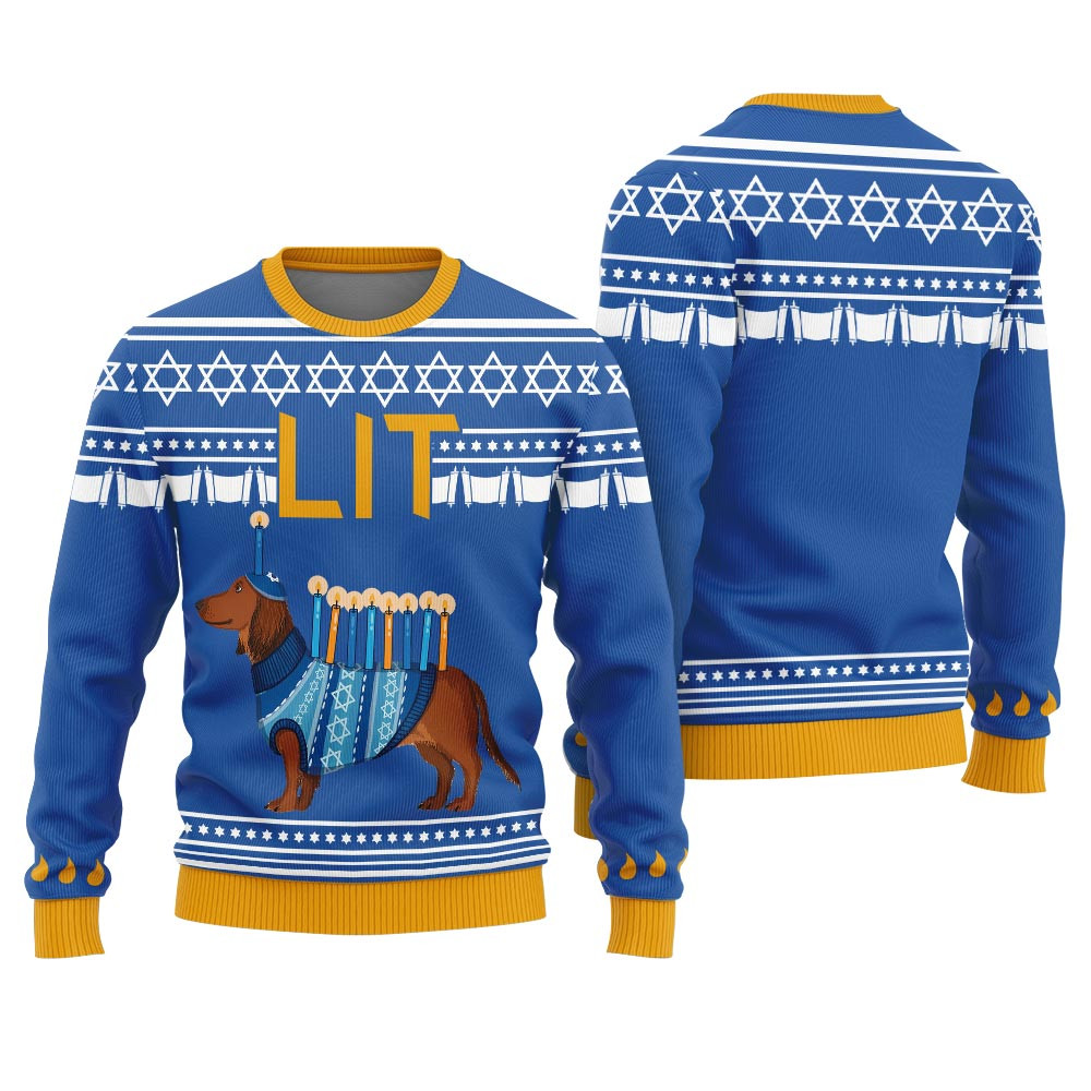 Lets Get Lit Hanukkah Dachshund Ugly Sweater Royal Comfortable Holiday Sweater for Chilly Nights