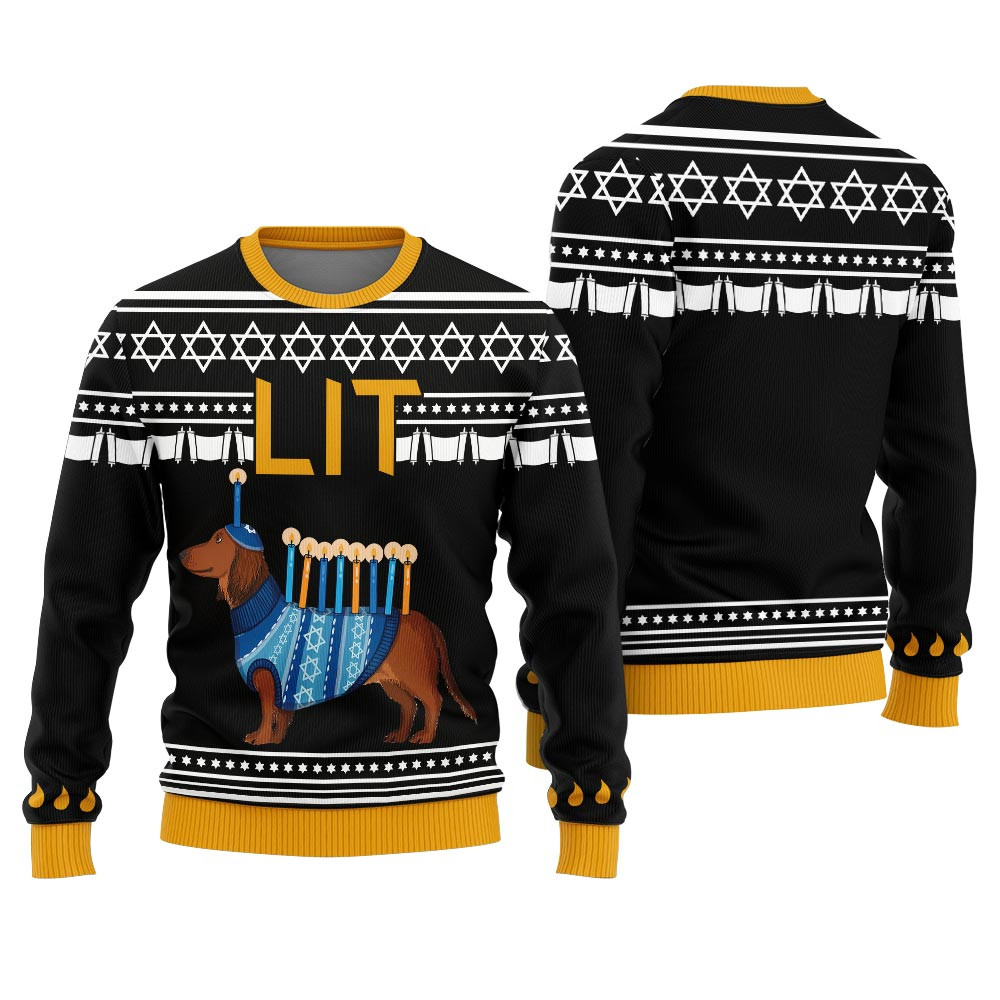 Lets Get Lit Hilarious Dachshund Ugly Hanukkah Sweater Perfect Gift Sweater for Friends and Family