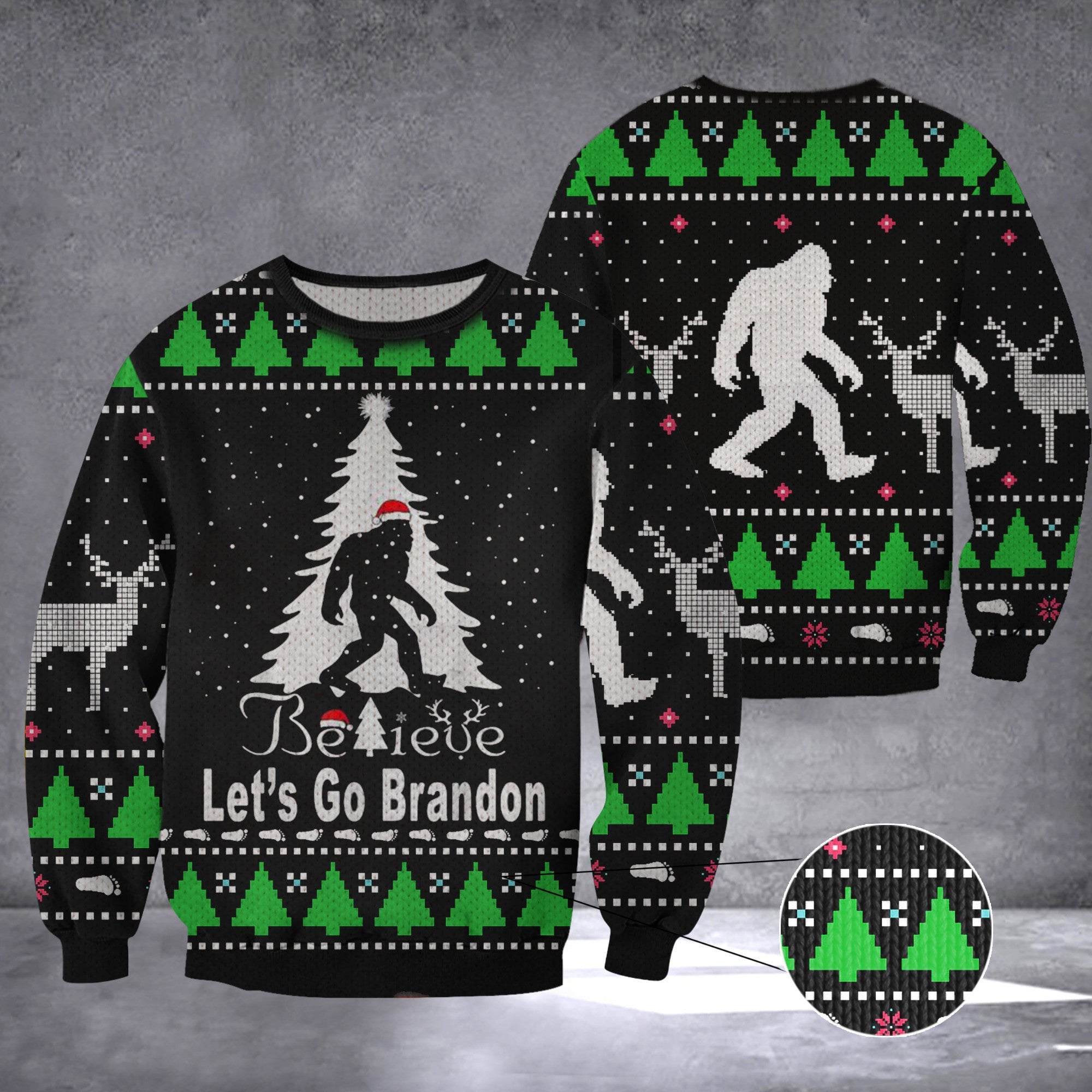 Let's Go Brandon Ugly Christmas Sweater Bigfoot Believe Let's Go Brandon Sweater