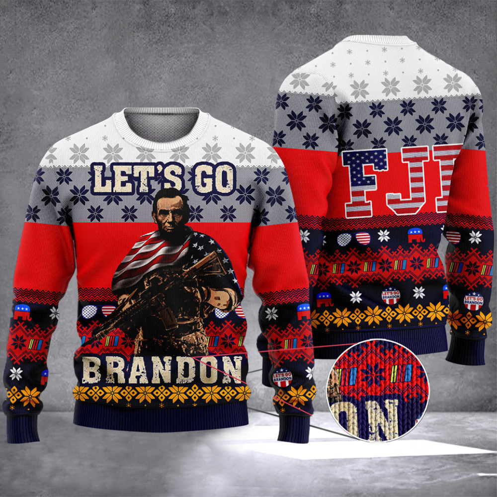 Let's Go Brandon Ugly Christmas Sweater Conservative Anti Liberal Abraham Lincoln FJB Merch
