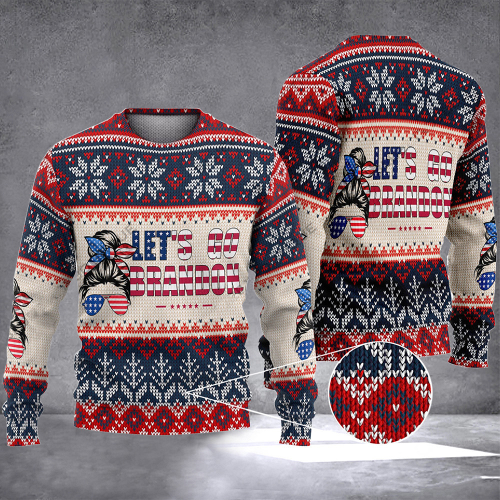 Let's Go Brandon Ugly Christmas Sweater Messy Bun Girl FJB Clothing