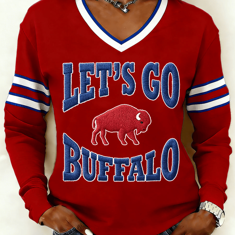 Let's Go Buffalo V-Neck Long Sleeve Shirt Game Day Football Clothing Presents For Girl