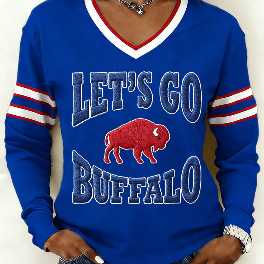 Let's Go Buffalo V-Neck Long Sleeve Shirt Game Day Football Merch Cool Gift For Her
