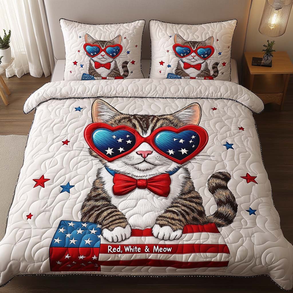 Liberty Kitty Quilted Bedding Set Patriotic Room Decor Cat Presents For Him Herr