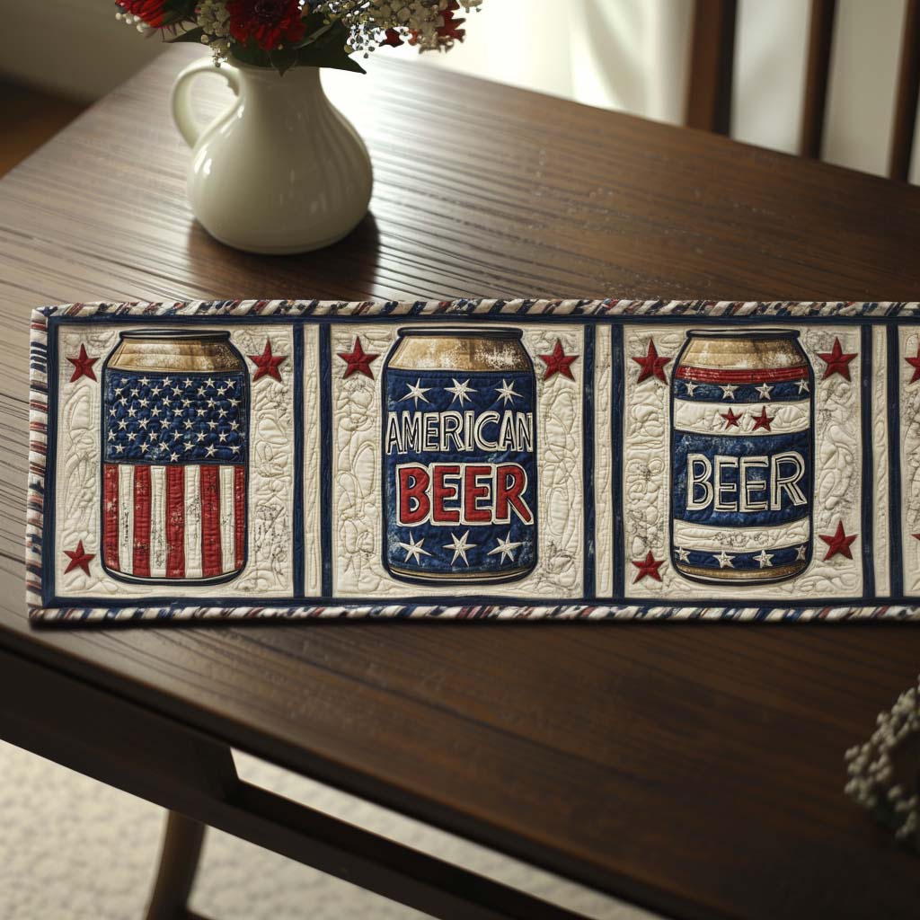 Liberty Lager Cans Quilted Table Runner Dining Room Decor Patriotic Novelty Items