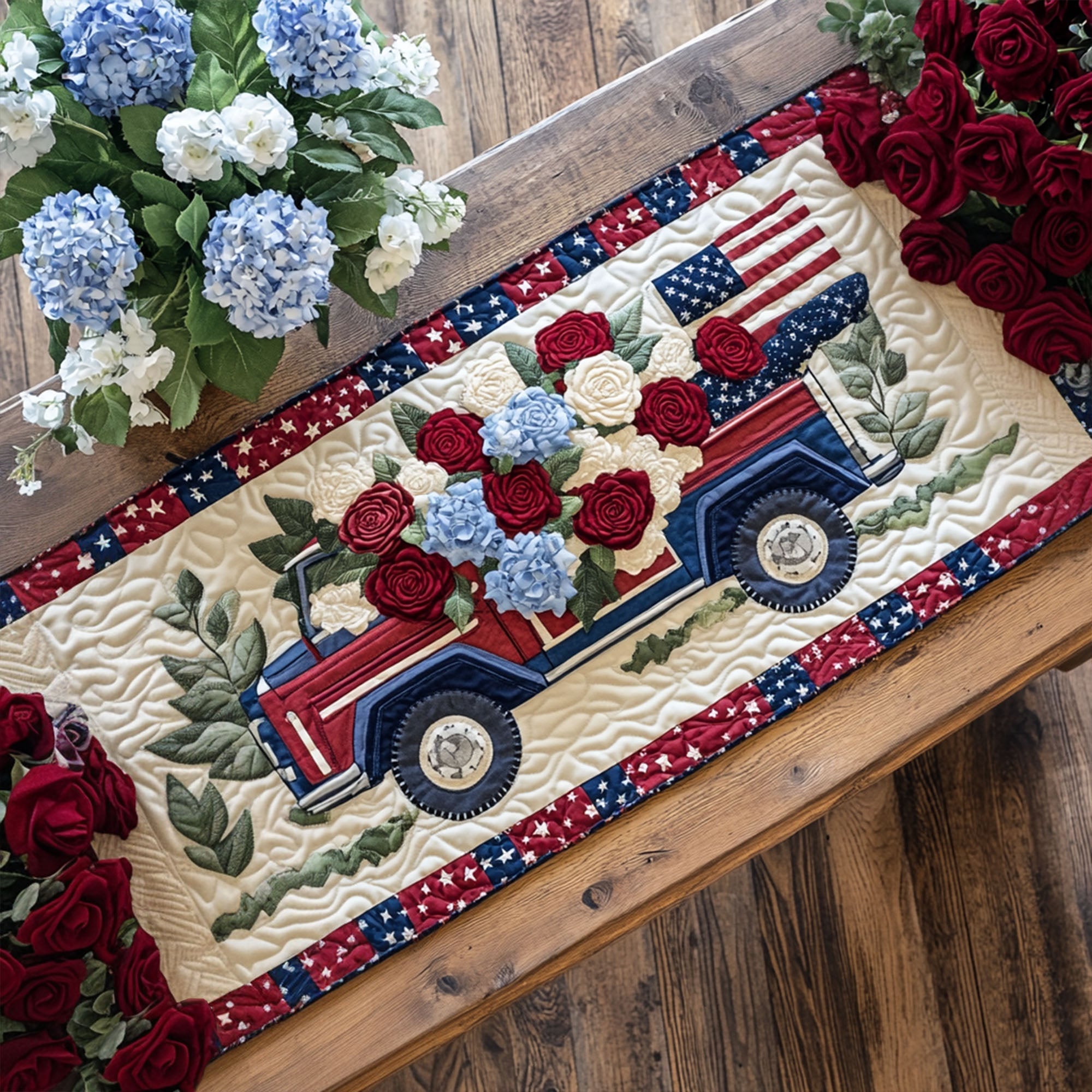 Liberty Wheels Quilted Table Runner Holiday Table Throw Patriotic Gift Ideas
