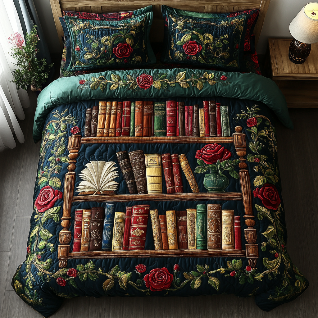 Library Bloom Quilted Bedding Set Best Bed Sheet Set Book Lovers Gifts For Boyfriend