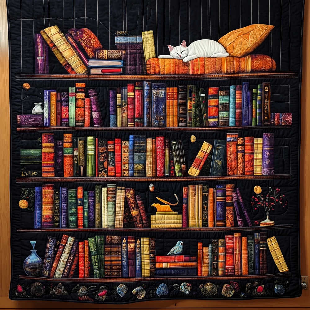 Library Bookshelf Cat Quilted Blanket Book Lover Art Throw Best Gift For Reader Bookworm Home Decor Fan