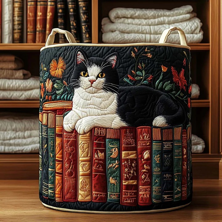 Library Cat Quilted Laundry Basket Book Lover Cat Boho Home Decor Gift For Cat And Book Lovers