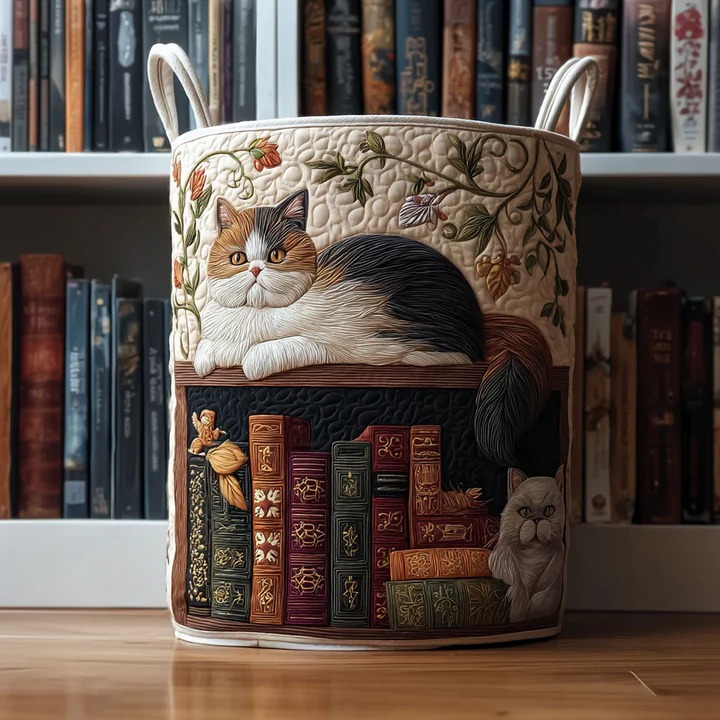Library Cat Quilted Laundry Basket Cat On Bookshelf Storage Bin Best Gift For Cat Lovers