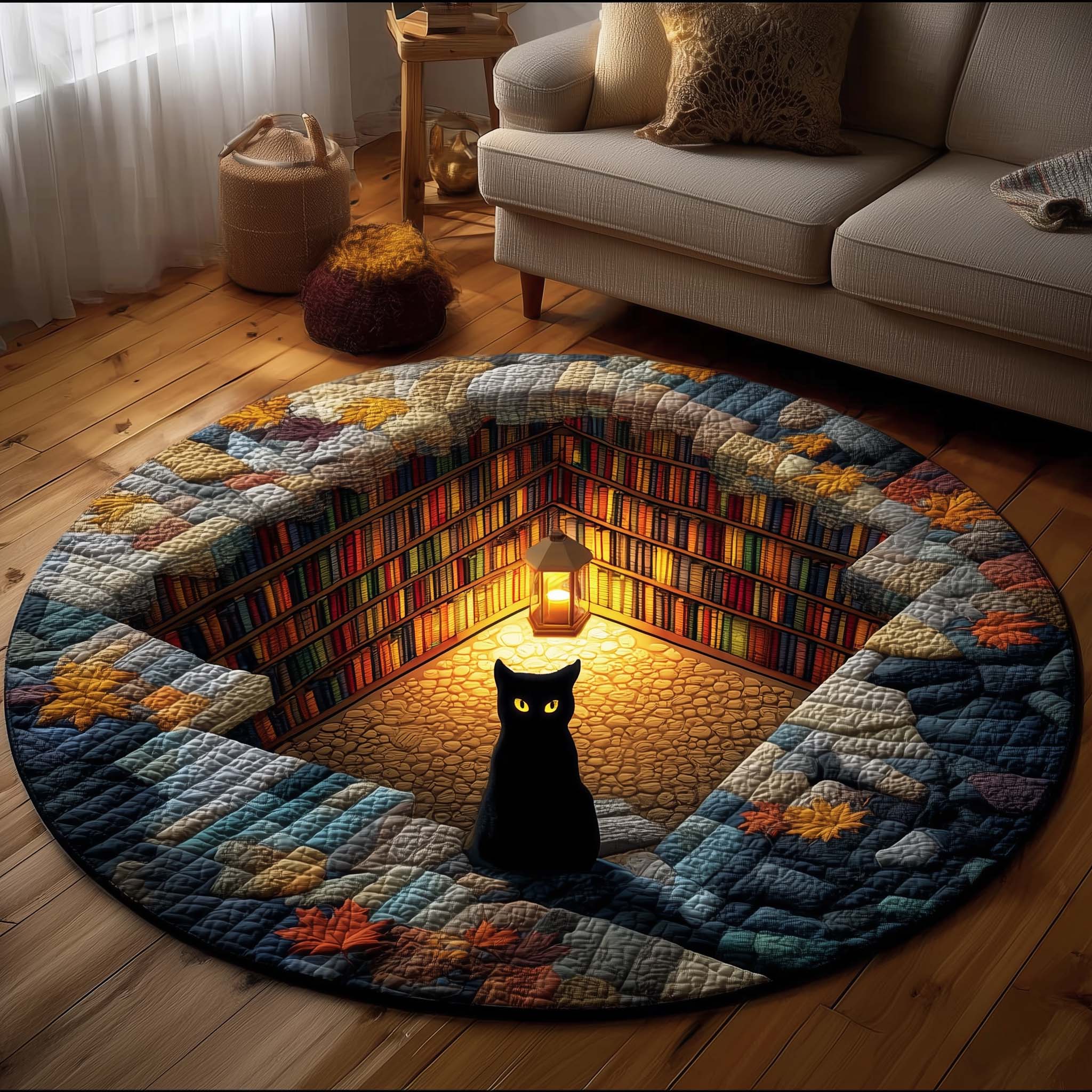 Library Cat Quilted Round Mat Soft Cotton Quilted Round Mat for Daily Comfort