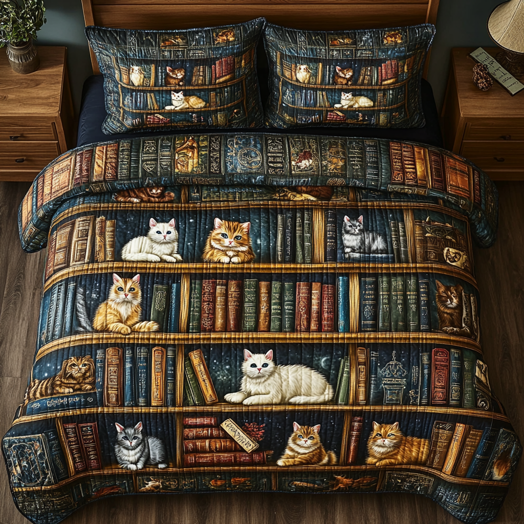Library Cats Quilted Bedding Set Bedroom Decorations Cat Christmas Present Ideas