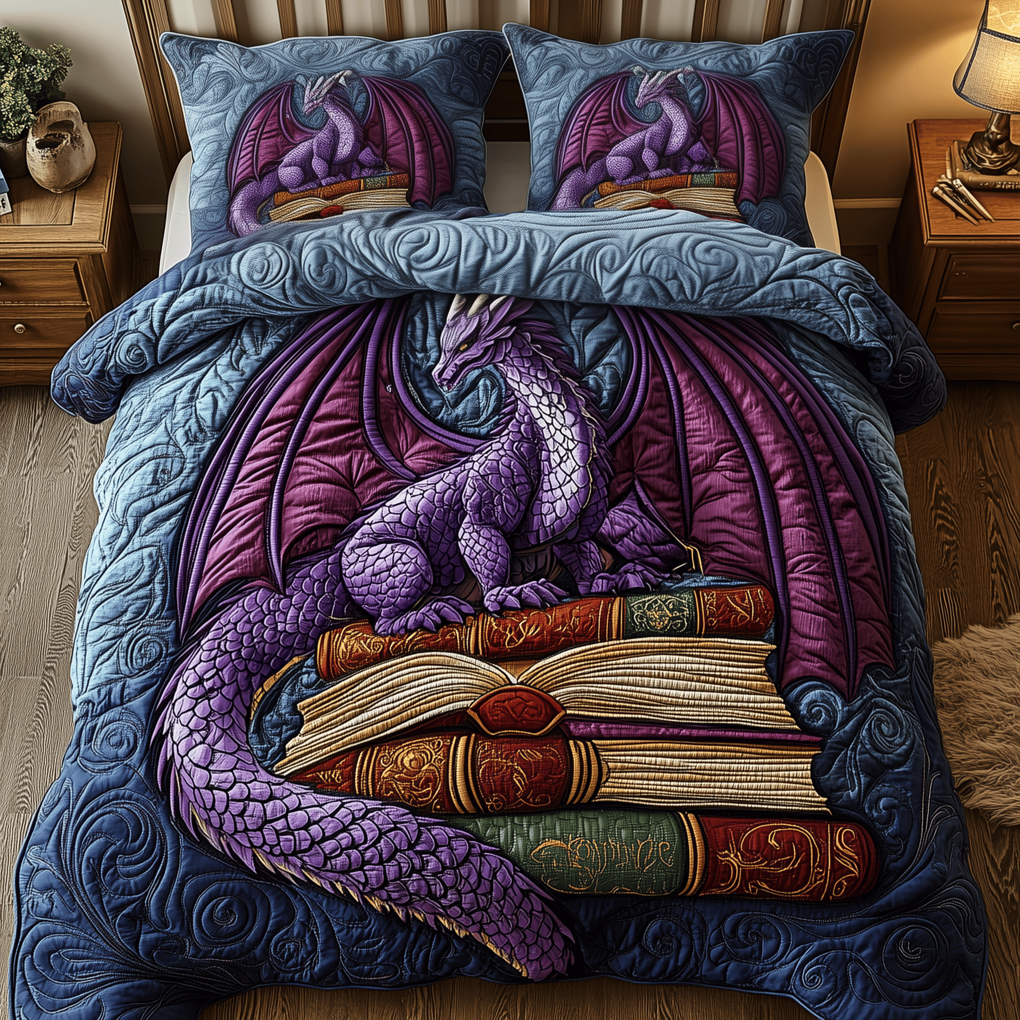 Library Dragon Quilted Bedding Set Dragonfly Gifts For Women