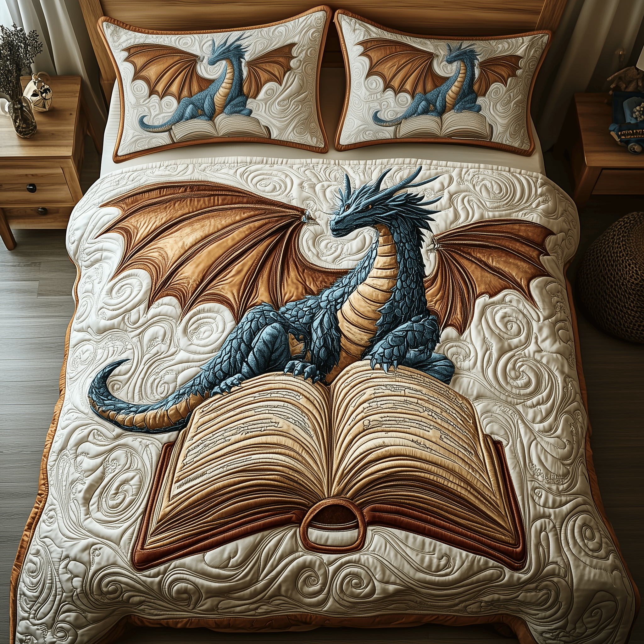 Library Dragon Quilted Bedding Set Gift For Someone Who Loves Dragonflies