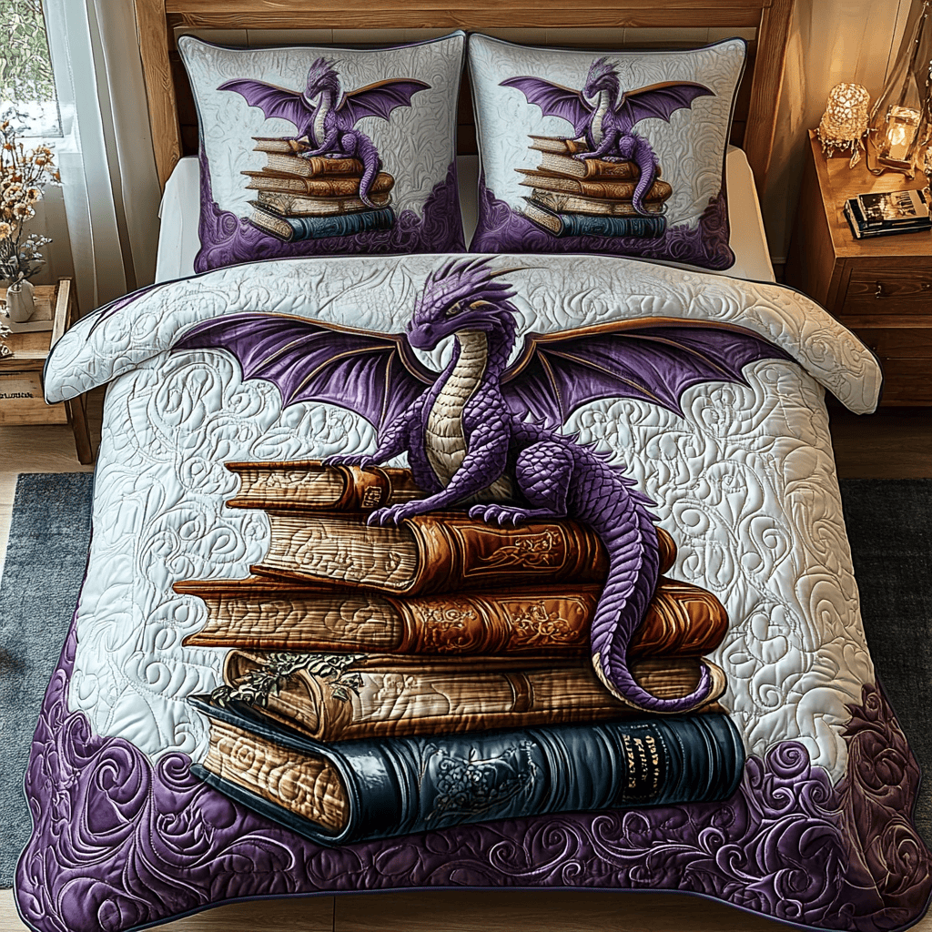Library Dragon Quilted Bedding Set Gifts For Dragonfly Lovers