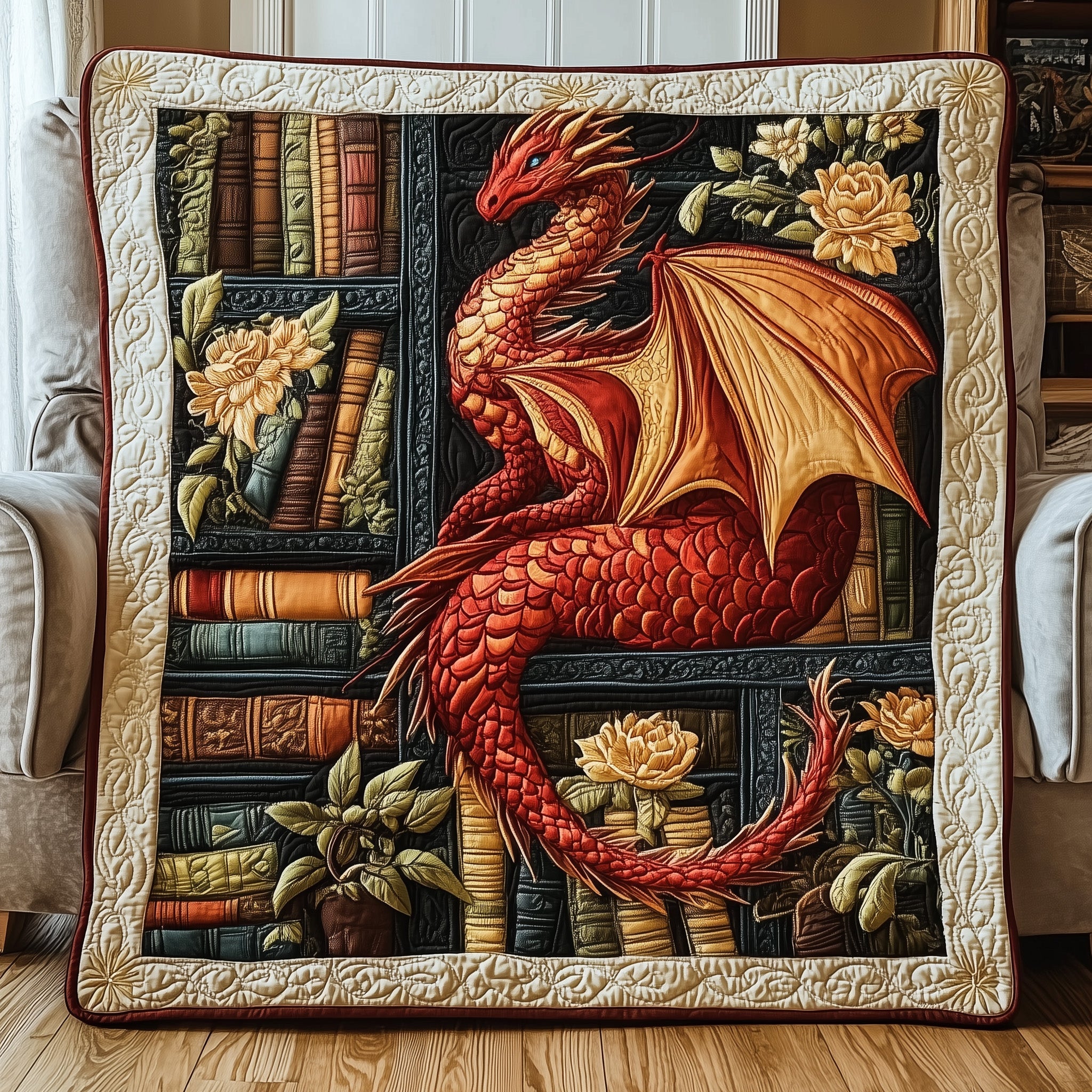 Library Dragon Quilted Blanket Red Fantasy Creature Book Gift For Dragon And Book Lover