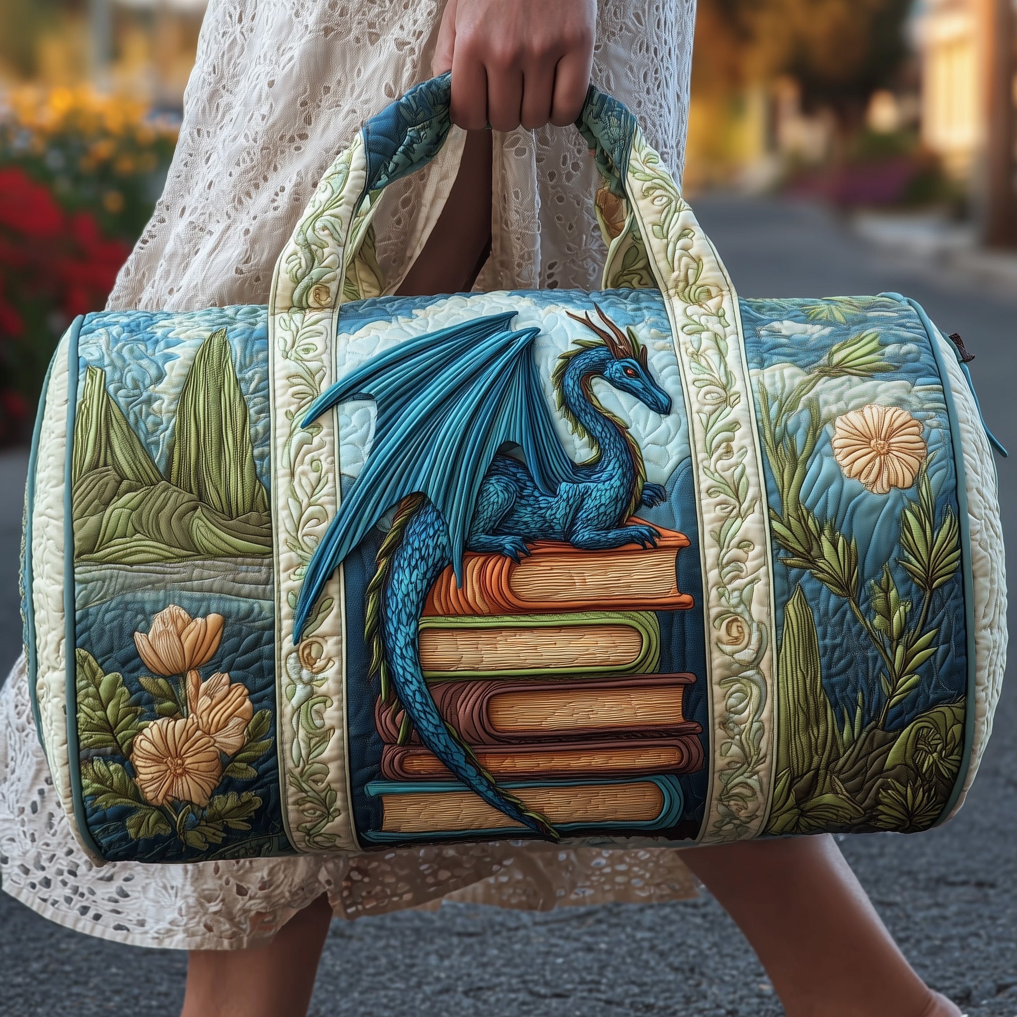 Library Dragon Quilted Duffle Bag Birthday Gift Idea
