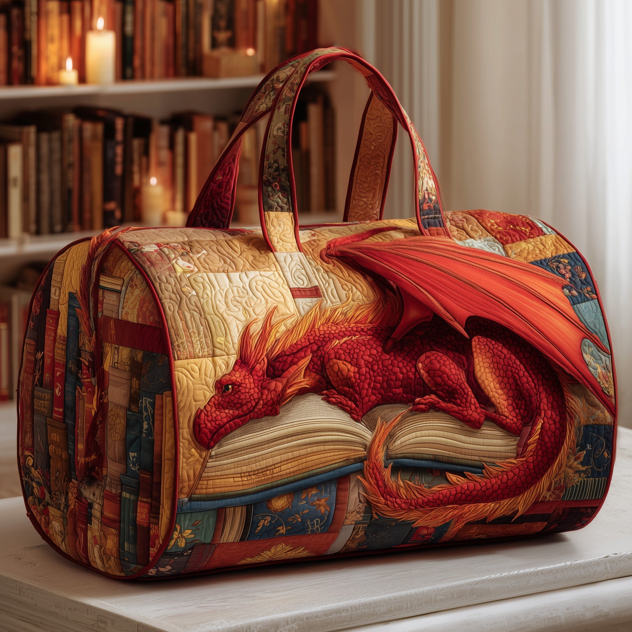 Library Dragon Quilted Duffle Bag Everyday Gift Idea