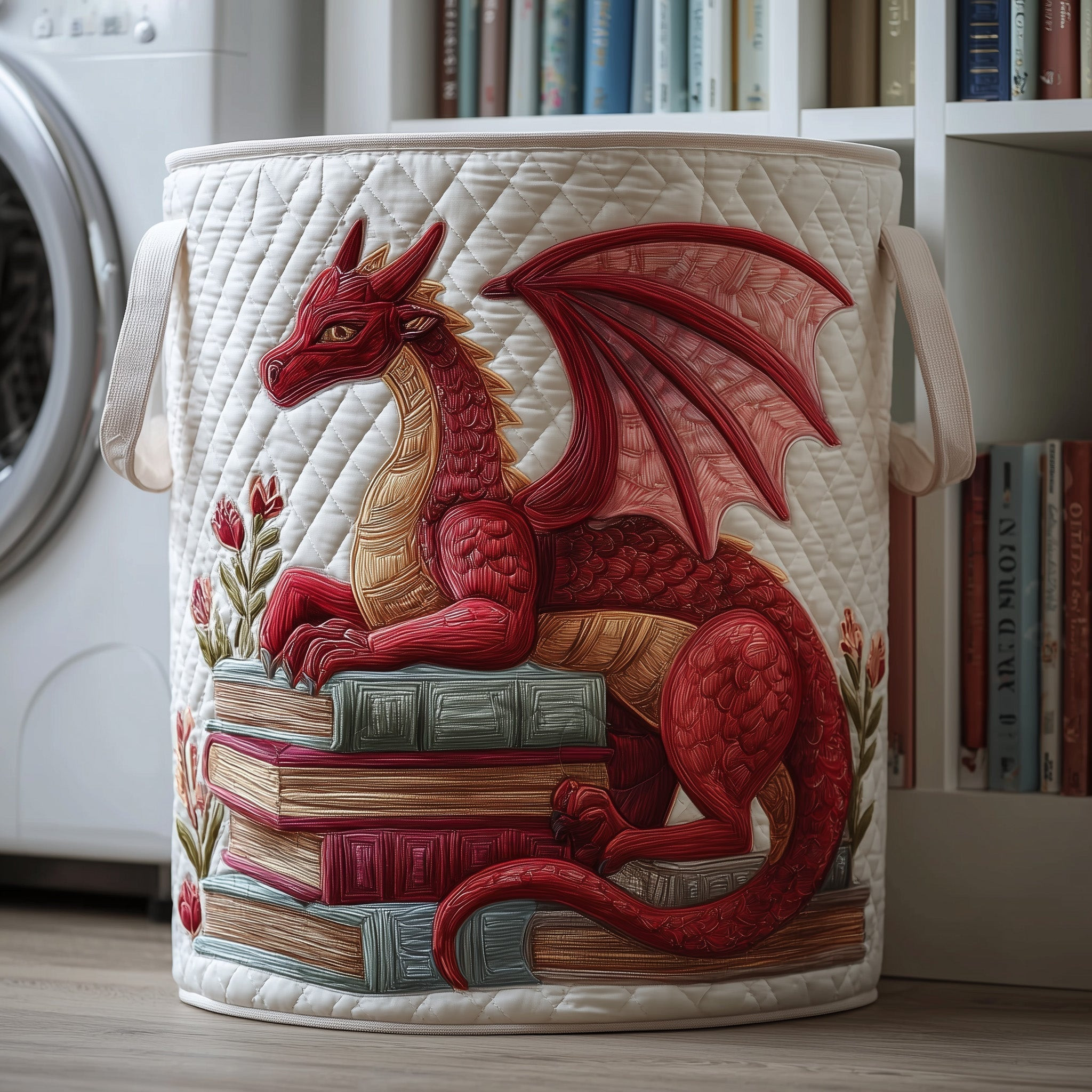 Library Dragon Quilted Laundry Basket Book Themed Modern Home Decor Dragon Lover Gifts