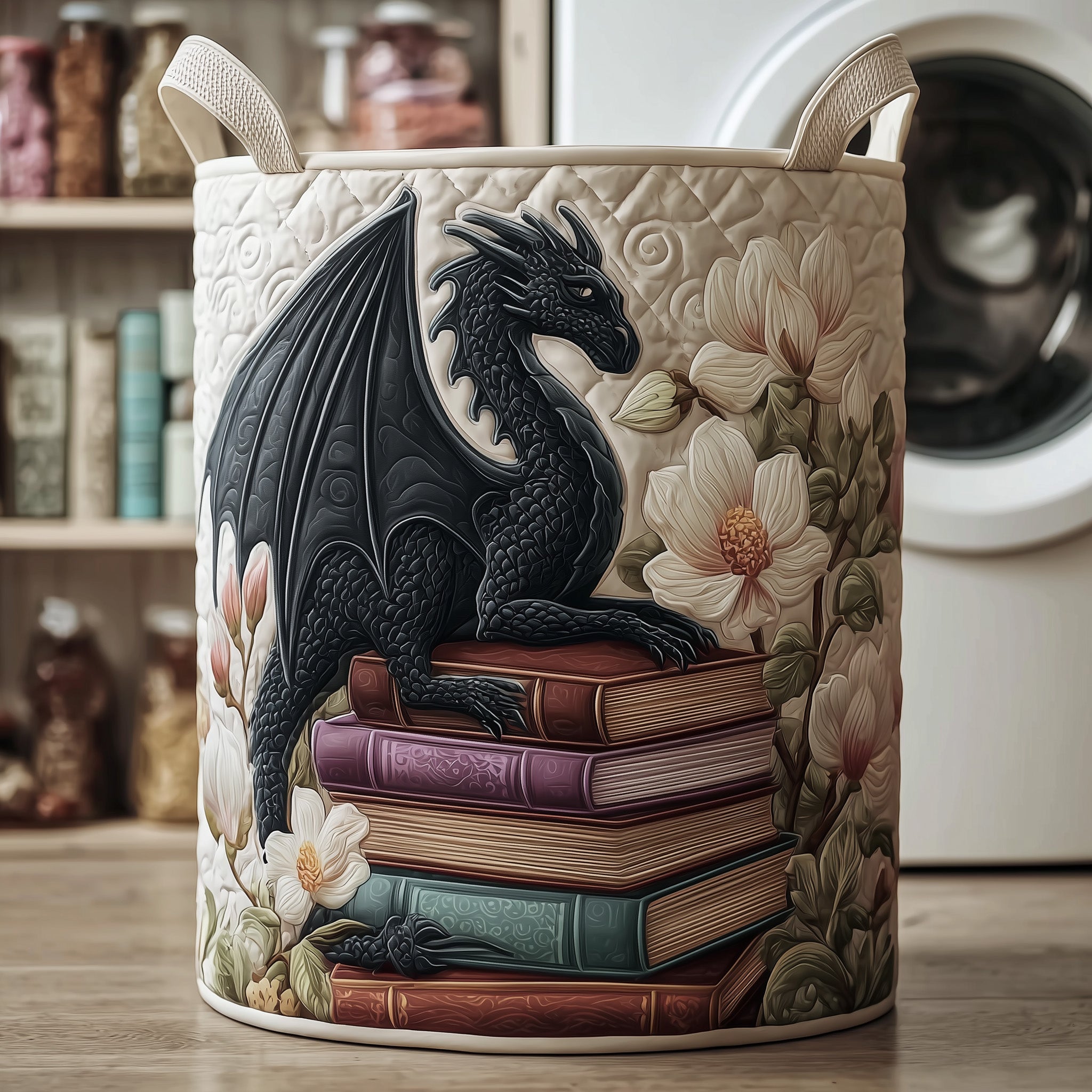 Library Dragon Quilted Laundry Basket Fabric Clothes Basket Best Gift For Book Lover