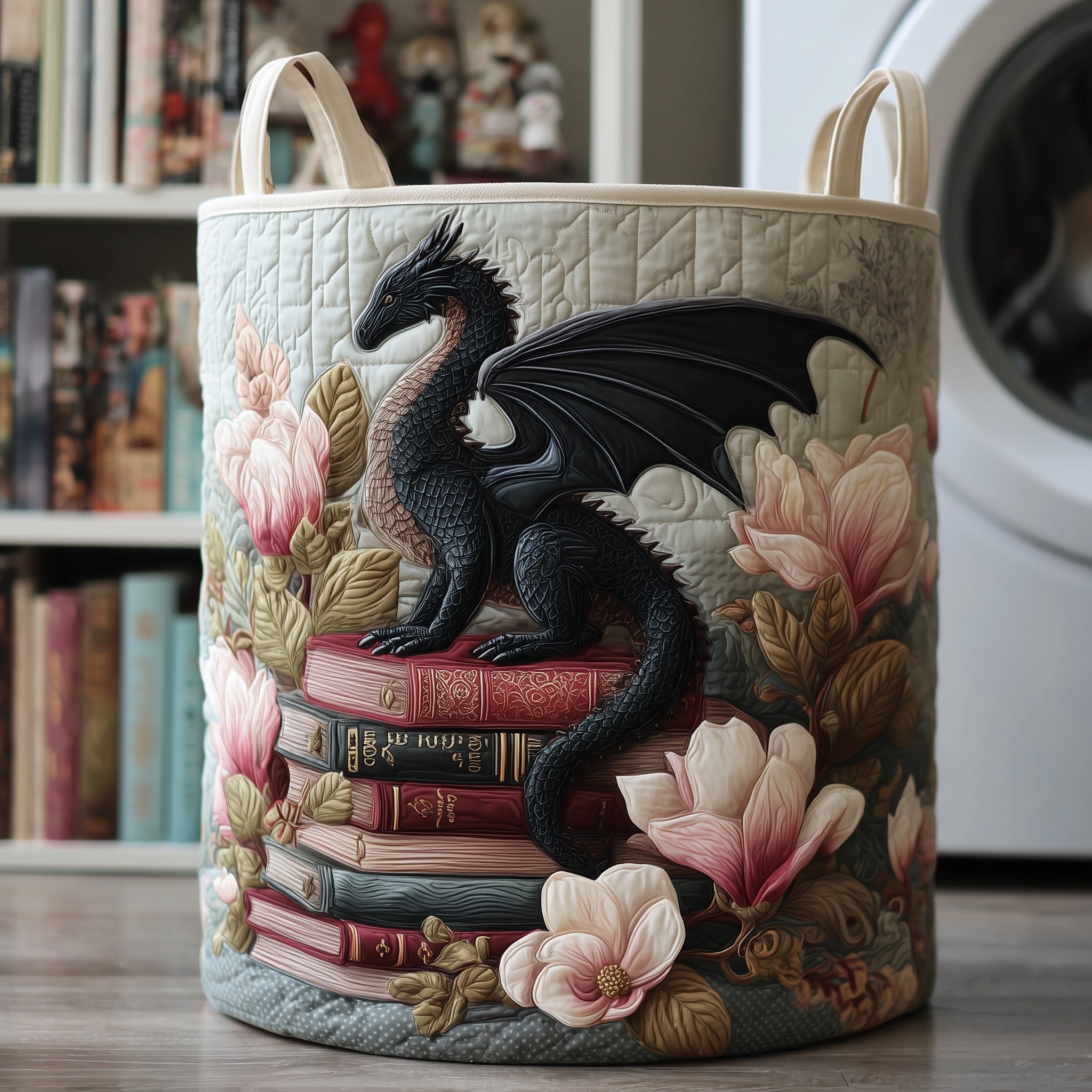 Library Dragon Quilted Laundry Basket Fabric Clothes Basket Gift For Dragon Lovers