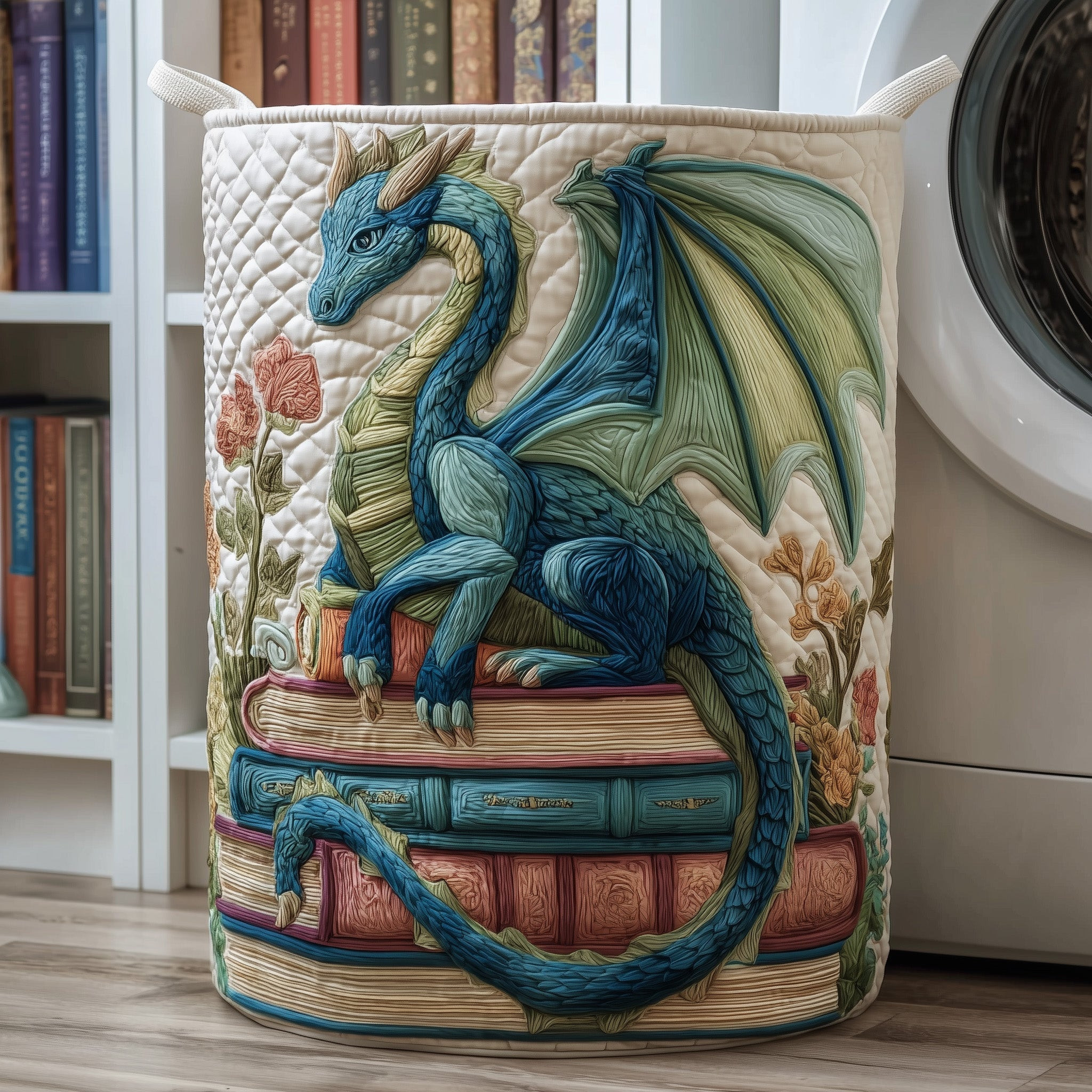 Library Dragon Quilted Laundry Basket Fantasy Home Decor Bookworm Gift Ideas