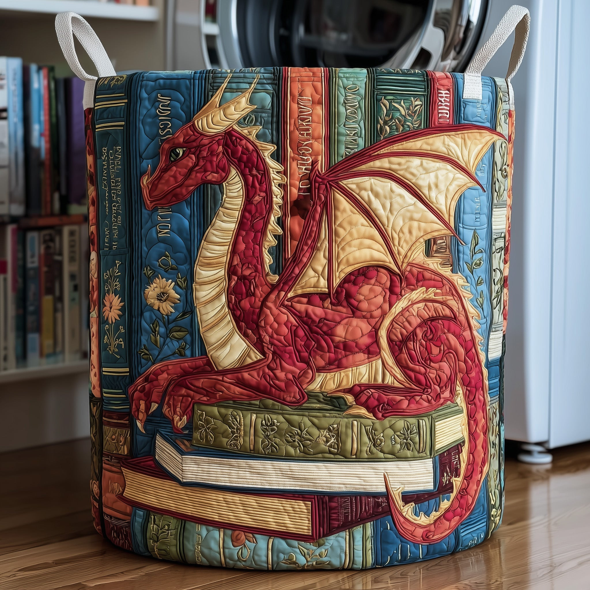 Library Dragon Quilted Laundry Basket Fantasy Home Decor Dragon Lover Gifts