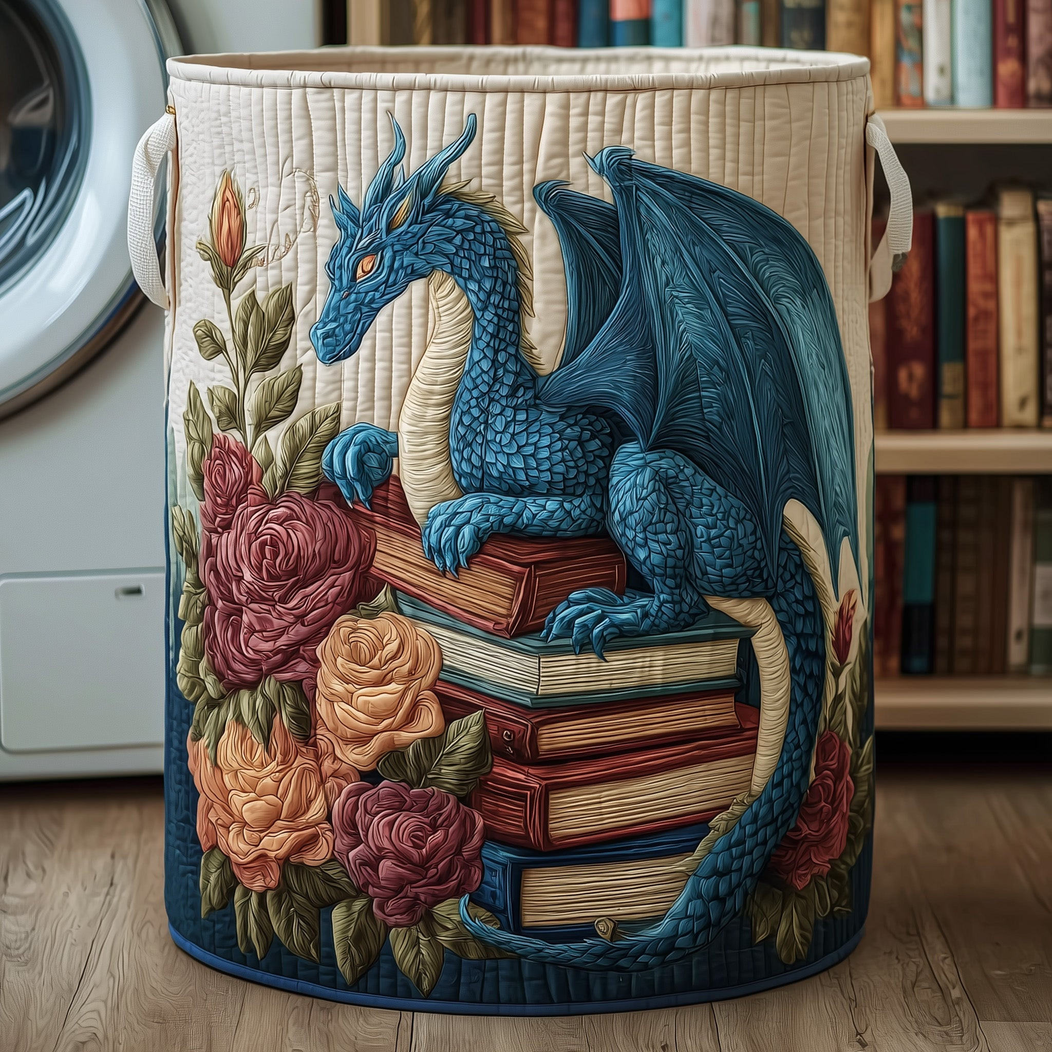 Library Dragon Quilted Laundry Basket Fantasy Themed Decorative Laundry Basket