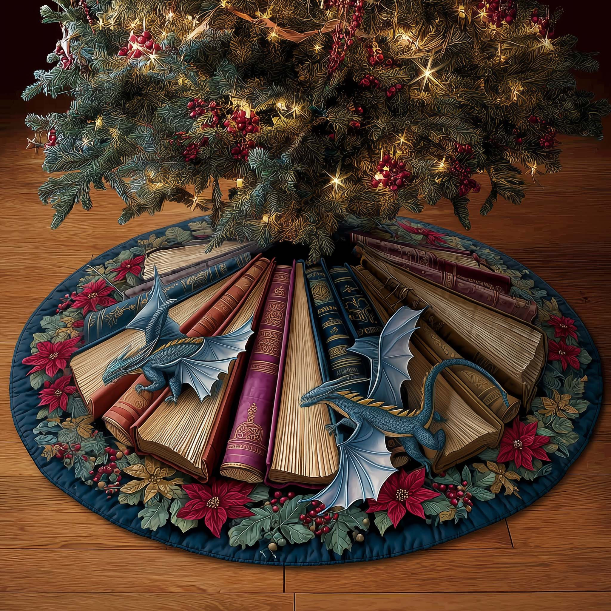 Library Dragon Quilted Tree Skirt Fantasy Themed Aesthetic Home Decor Bookish Xmas Gifts