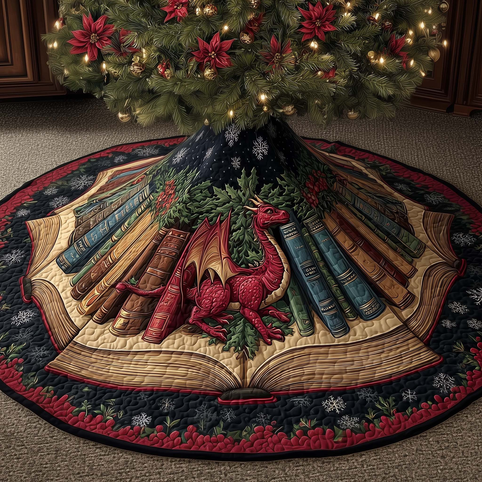 Library Dragon Quilted Tree Skirt Fantasy Themed Christmas Gifts For Dragon Lovers