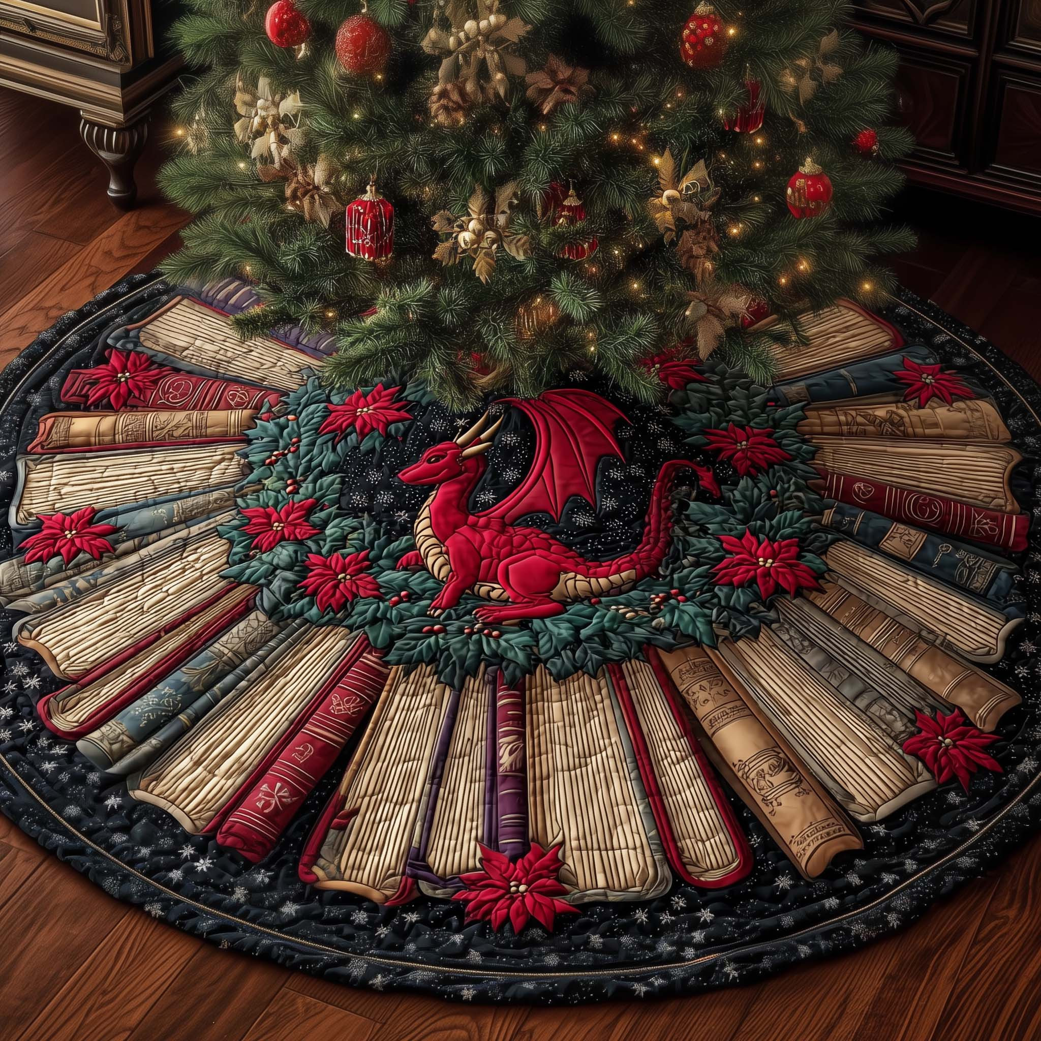 Library Dragon Quilted Tree Skirt Festive Decor Christmas Gifts For Avid Readers
