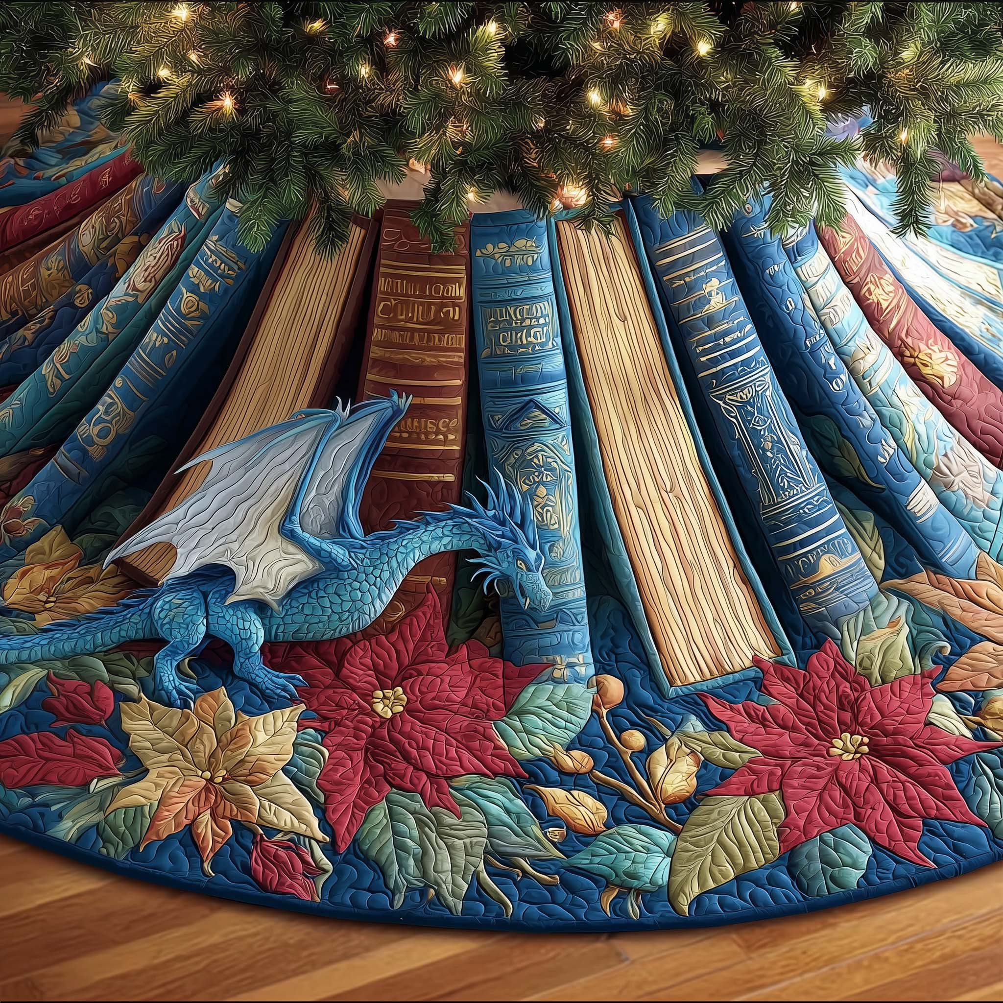 Library Dragon Quilted Tree Skirt Holiday Home Decor Book Owner Christmas Gifts
