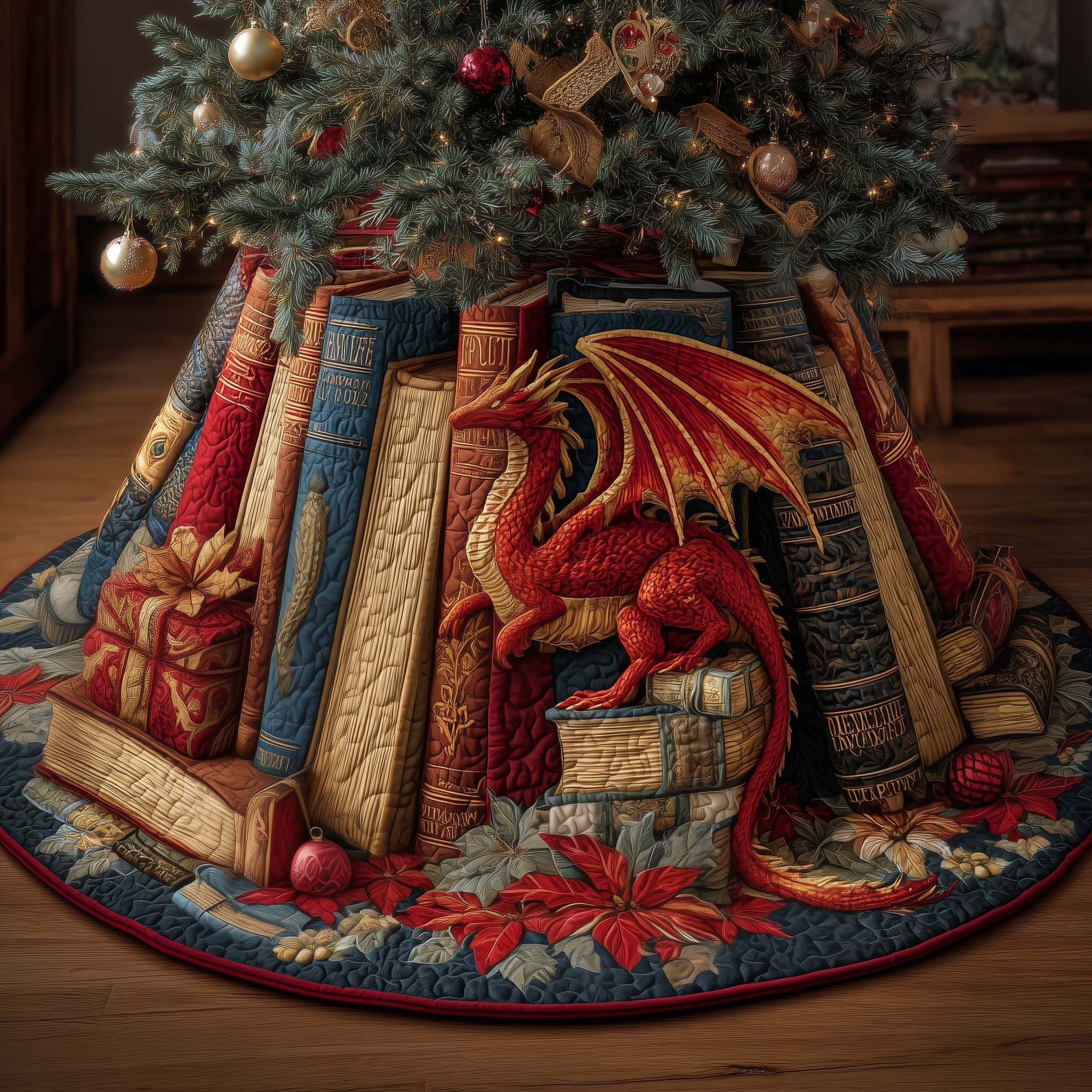 Library Dragon Quilted Tree Skirt Home Decor Trends Christmas Gifts For Book Readers